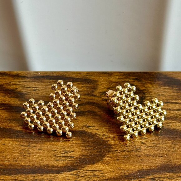 Gold Heart Shape Beaded Honeycomb Earrings Stainless Steel Stud Post Back - Picture 1 of 7